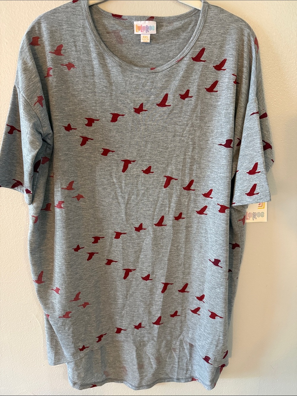 LuLaRoe Gray Tee with Burgundy Bird Pattern